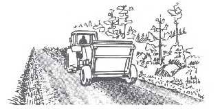 Grussortering med väghyvel och stenplockare. Illustration Ulla Carne.